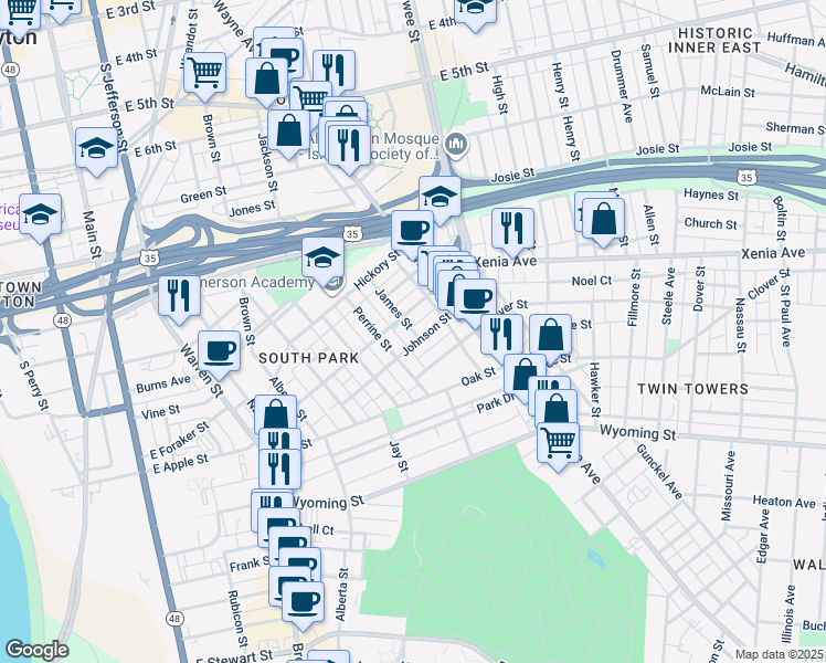 map of restaurants, bars, coffee shops, grocery stores, and more near 230 Johnson Street in Dayton