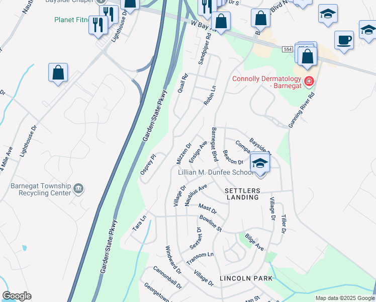 map of restaurants, bars, coffee shops, grocery stores, and more near 26 Mizzen Drive in Barnegat Township