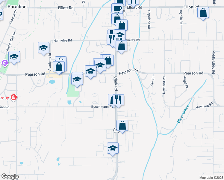map of restaurants, bars, coffee shops, grocery stores, and more near 5647 Clark Road in Paradise