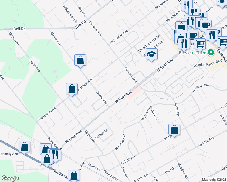 map of restaurants, bars, coffee shops, grocery stores, and more near 735 Silverado Estates Court in Chico