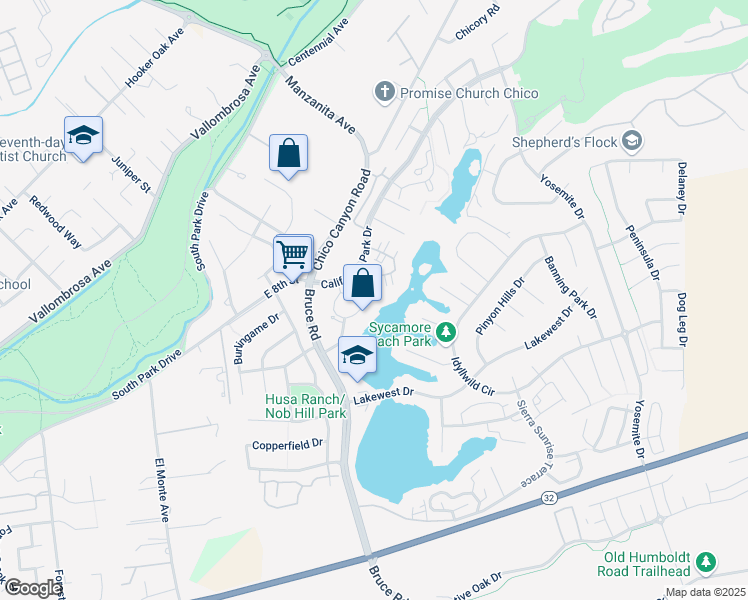 map of restaurants, bars, coffee shops, grocery stores, and more near 2571 California Park Drive in Chico