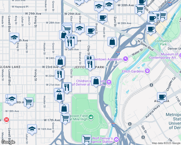 map of restaurants, bars, coffee shops, grocery stores, and more near 2639 West Front View Crescent Drive in Denver