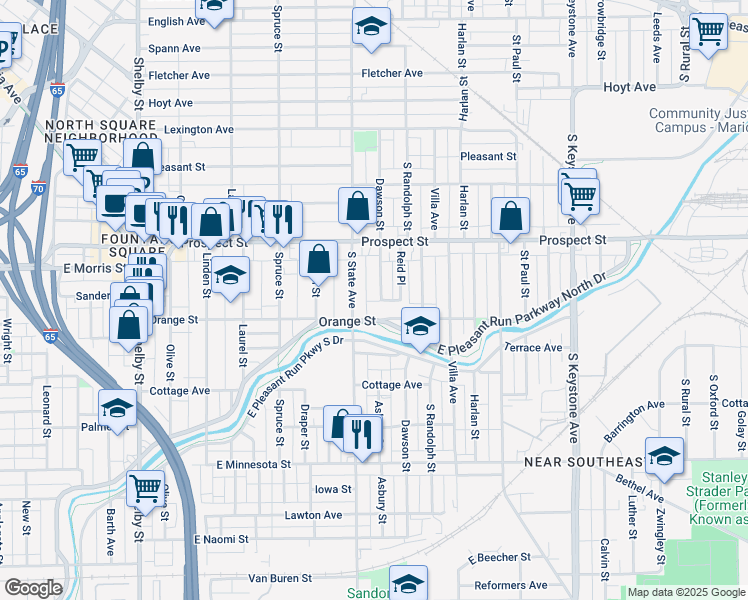 map of restaurants, bars, coffee shops, grocery stores, and more near 1210 Dawson Street in Indianapolis