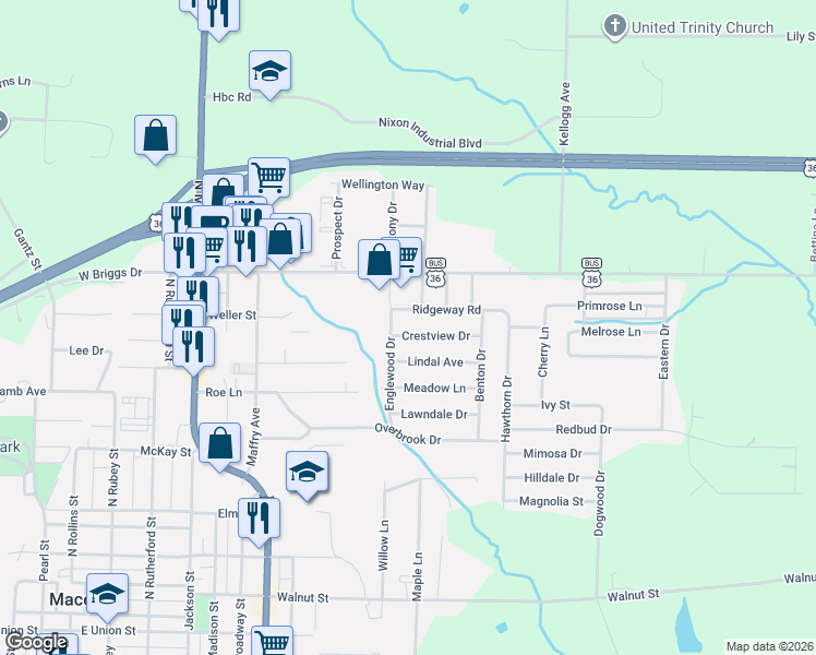 map of restaurants, bars, coffee shops, grocery stores, and more near 1404 Englewood Dr in Macon