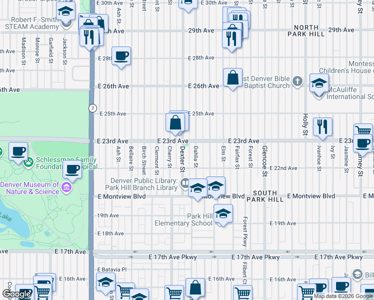 map of restaurants, bars, coffee shops, grocery stores, and more near 2230 Dexter Street in Denver