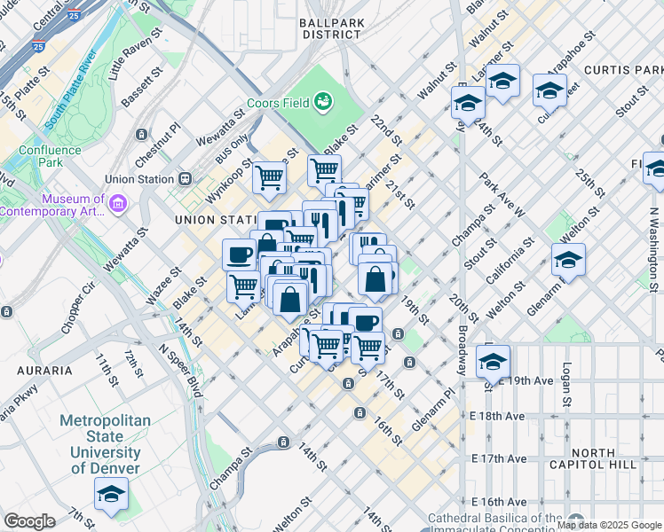 map of restaurants, bars, coffee shops, grocery stores, and more near 1001 17th Street in Denver