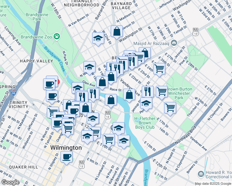 map of restaurants, bars, coffee shops, grocery stores, and more near 1980 Superfine Lane in Wilmington