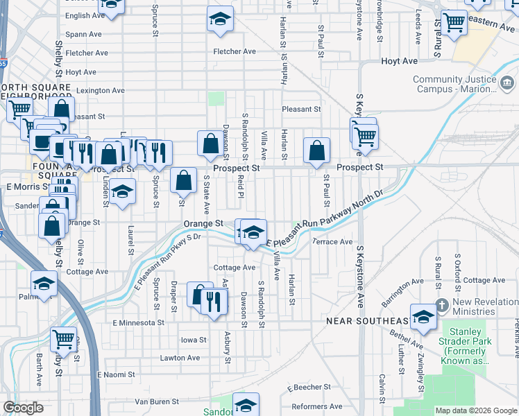 map of restaurants, bars, coffee shops, grocery stores, and more near 1914 Orange Street in Indianapolis