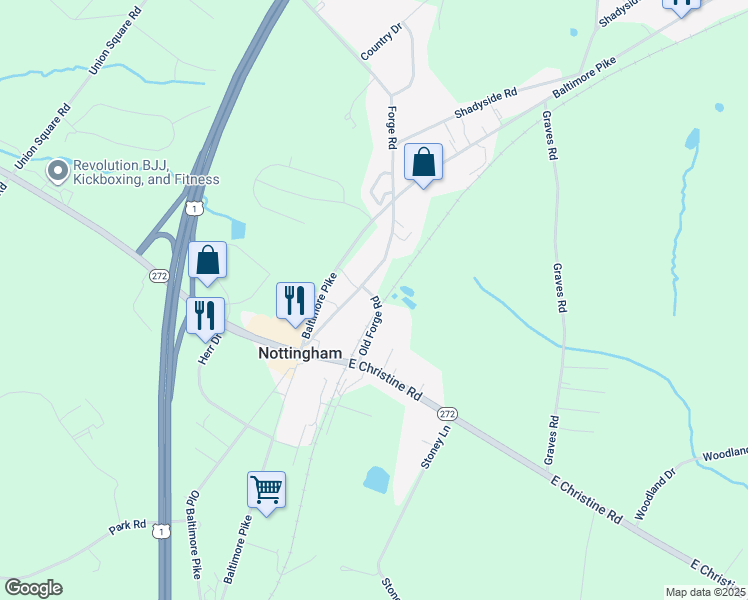 map of restaurants, bars, coffee shops, grocery stores, and more near 53 Old Forge Road in Nottingham