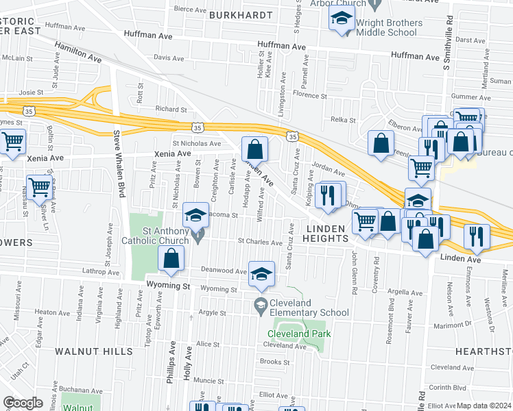 map of restaurants, bars, coffee shops, grocery stores, and more near 645 Wilfred Avenue in Dayton