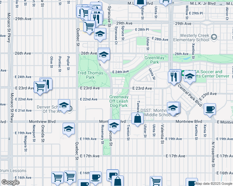 map of restaurants, bars, coffee shops, grocery stores, and more near 7820 East 23rd Avenue in Denver