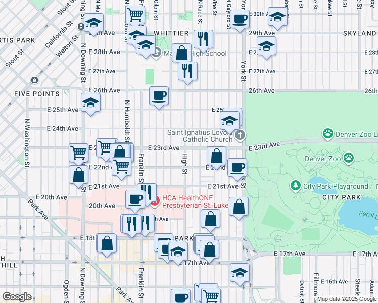 map of restaurants, bars, coffee shops, grocery stores, and more near 2225 Race Street in Denver