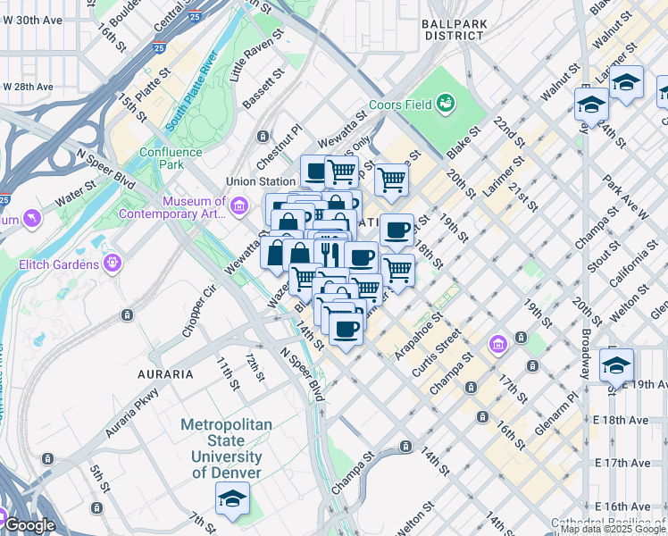 map of restaurants, bars, coffee shops, grocery stores, and more near in Denver