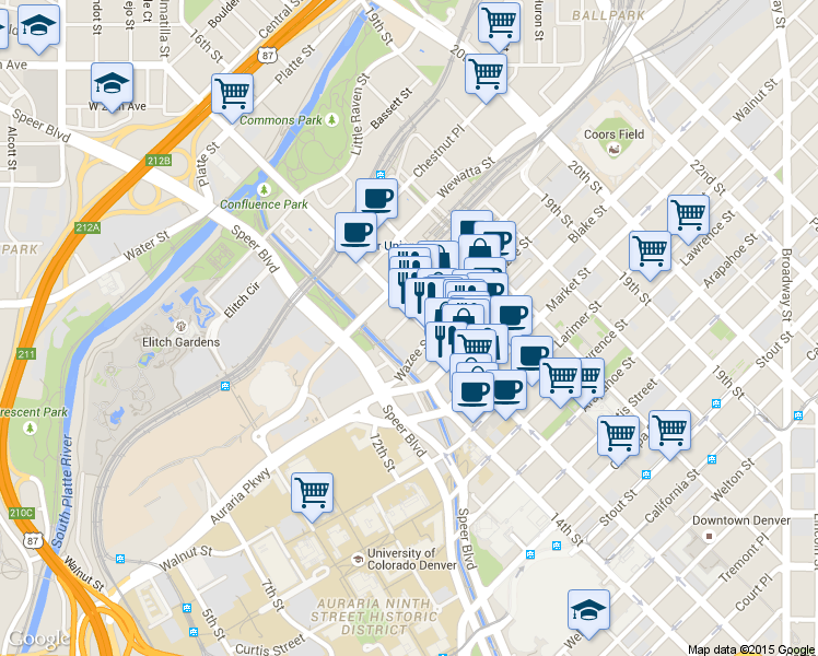 map of restaurants, bars, coffee shops, grocery stores, and more near 1450 Wazee Street in Denver
