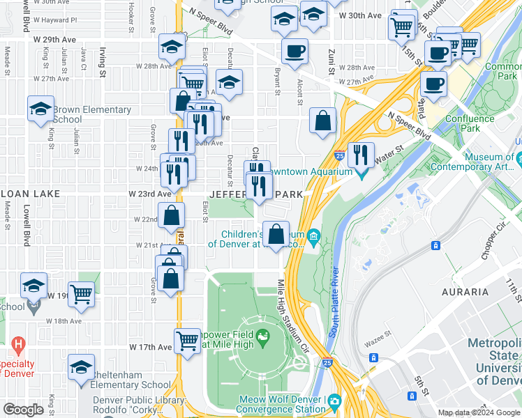 map of restaurants, bars, coffee shops, grocery stores, and more near 2639 West Front View Crescent Drive in Denver