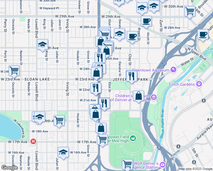 map of restaurants, bars, coffee shops, grocery stores, and more near 2151 Eliot Street in Denver
