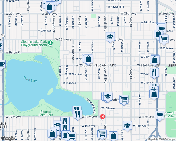 map of restaurants, bars, coffee shops, grocery stores, and more near 2155 Newton Street in Denver
