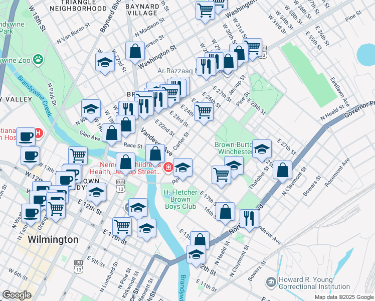 map of restaurants, bars, coffee shops, grocery stores, and more near 2104 Jessup Street in Wilmington