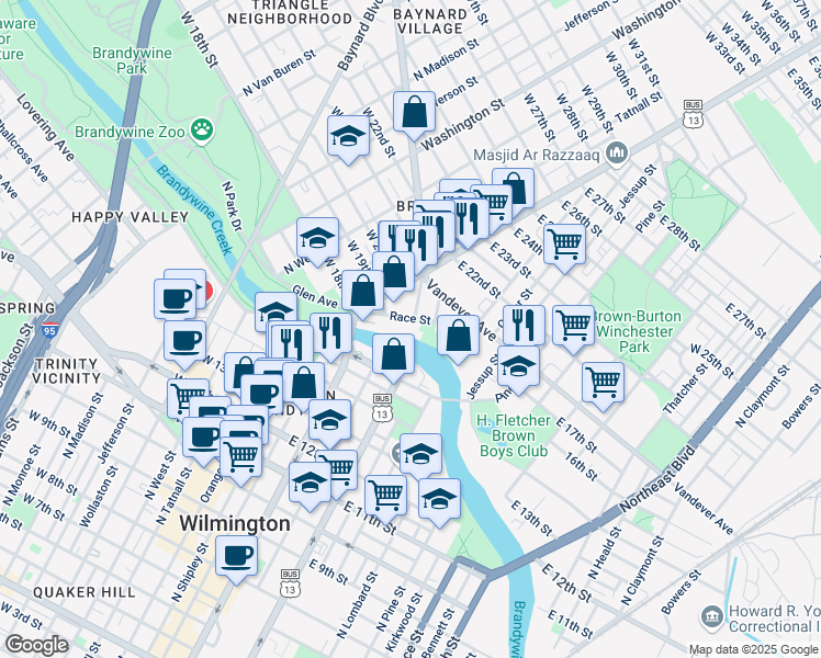 map of restaurants, bars, coffee shops, grocery stores, and more near 1980 Superfine Lane in Wilmington