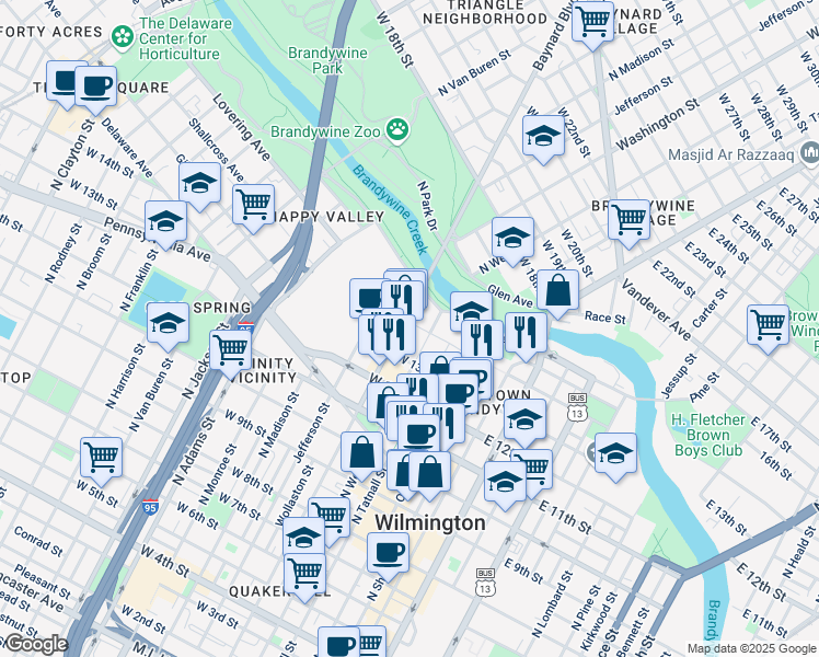 map of restaurants, bars, coffee shops, grocery stores, and more near 1319 North West Street in Wilmington