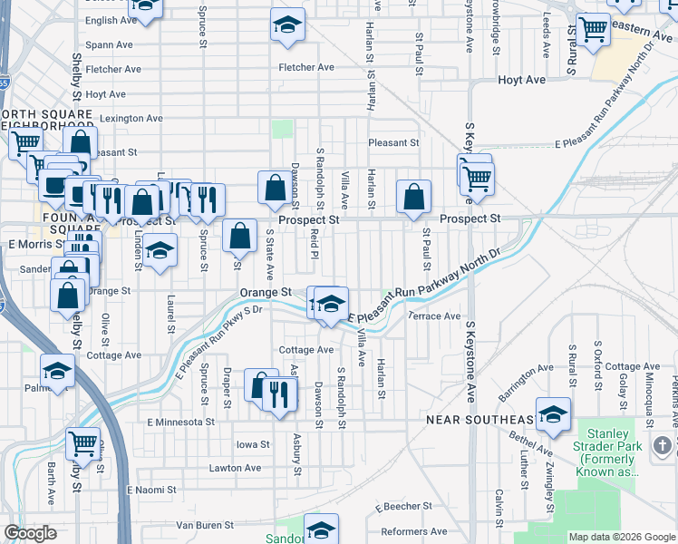 map of restaurants, bars, coffee shops, grocery stores, and more near 1914 Orange Street in Indianapolis
