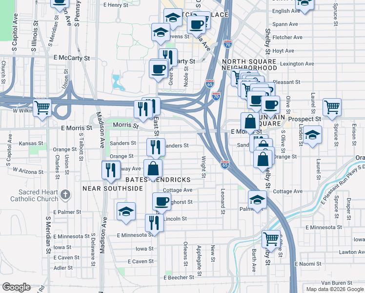 map of restaurants, bars, coffee shops, grocery stores, and more near 618 Orange Street in Indianapolis