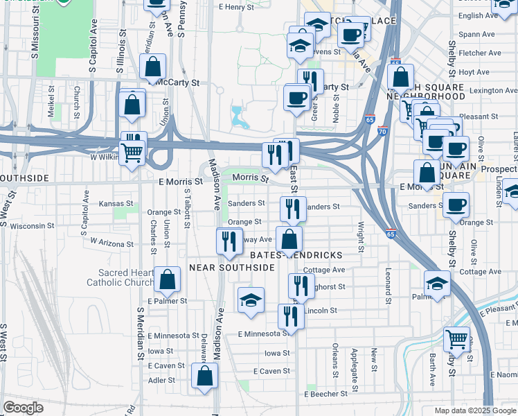 map of restaurants, bars, coffee shops, grocery stores, and more near 314 Orange Street in Indianapolis