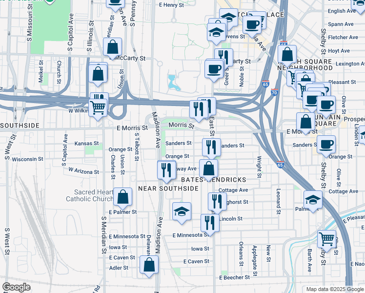 map of restaurants, bars, coffee shops, grocery stores, and more near 314 Orange Street in Indianapolis
