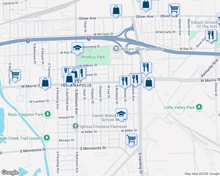 map of restaurants, bars, coffee shops, grocery stores, and more near 1237 West Lee Street in Indianapolis