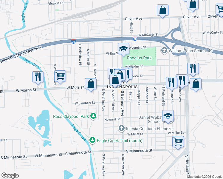 map of restaurants, bars, coffee shops, grocery stores, and more near 1223 South Pershing Avenue in Indianapolis