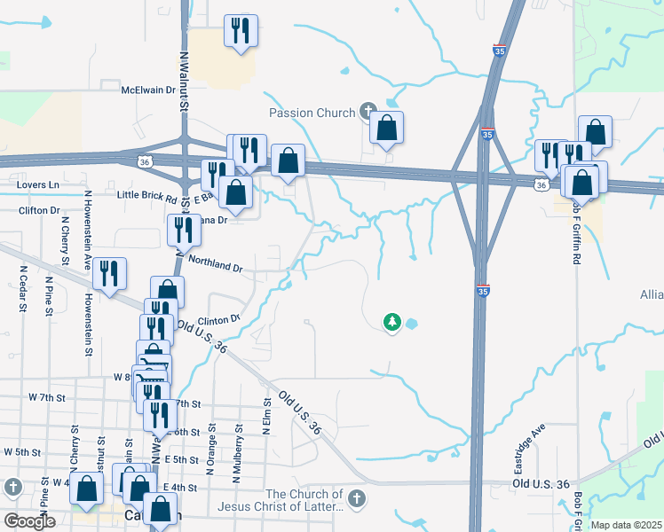map of restaurants, bars, coffee shops, grocery stores, and more near 761 Northland Drive in Cameron