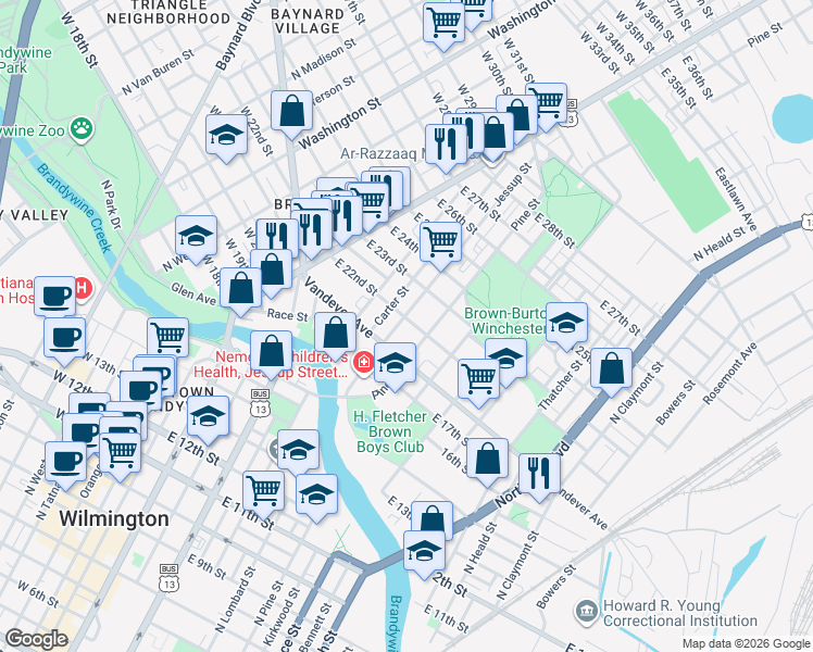 map of restaurants, bars, coffee shops, grocery stores, and more near 2104 Jessup Street in Wilmington