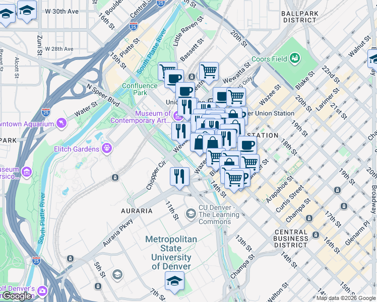 map of restaurants, bars, coffee shops, grocery stores, and more near 1401 Wynkoop Street in Denver