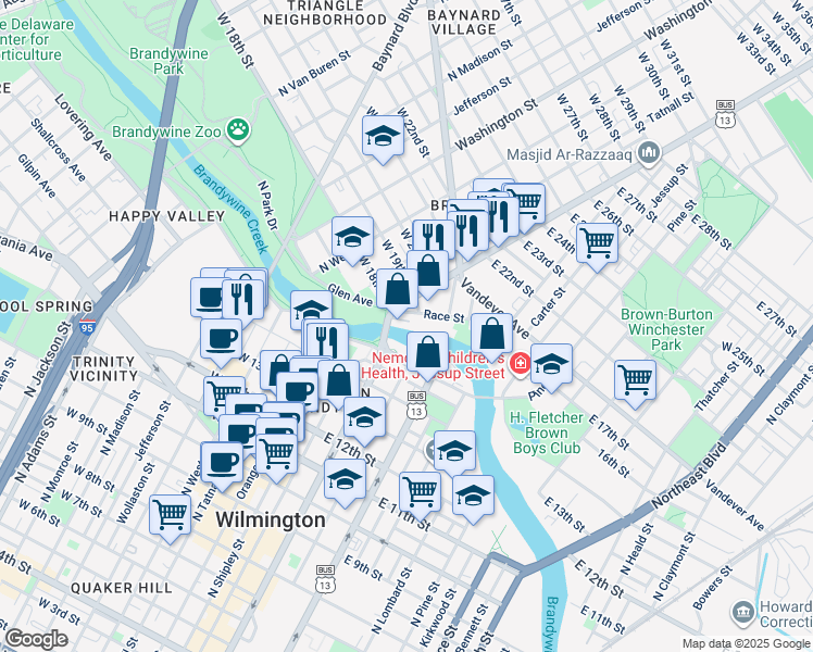 map of restaurants, bars, coffee shops, grocery stores, and more near 203 East 16th Street in Wilmington
