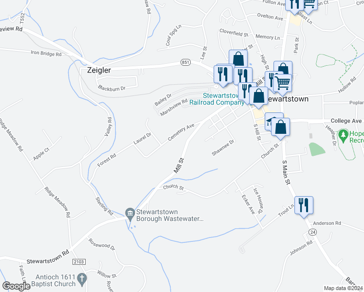 map of restaurants, bars, coffee shops, grocery stores, and more near 73 Mill Street in Stewartstown