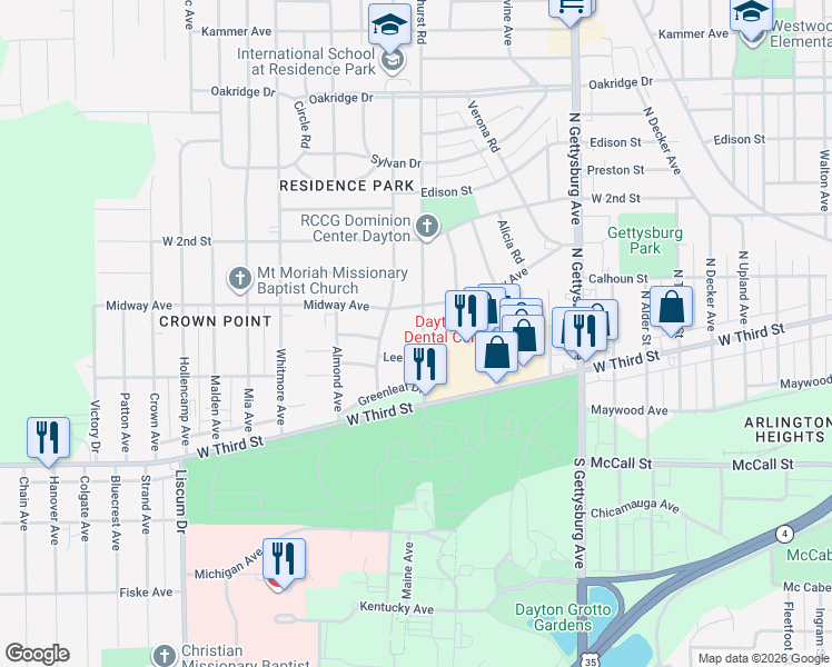 map of restaurants, bars, coffee shops, grocery stores, and more near 201 Elmhurst Road in Dayton