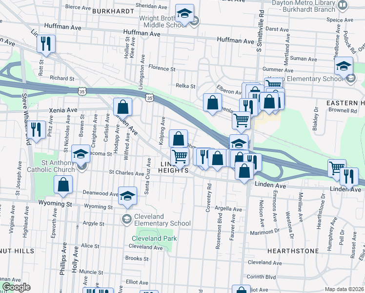 map of restaurants, bars, coffee shops, grocery stores, and more near 1356 Ohmer Street in Dayton