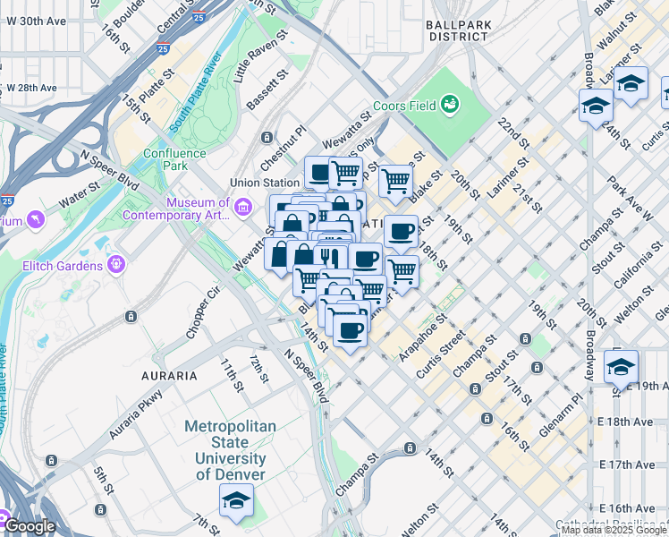 map of restaurants, bars, coffee shops, grocery stores, and more near in Denver