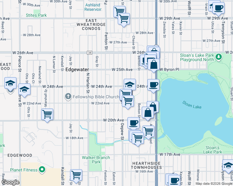 map of restaurants, bars, coffee shops, grocery stores, and more near 2231 Depew Street in Edgewater