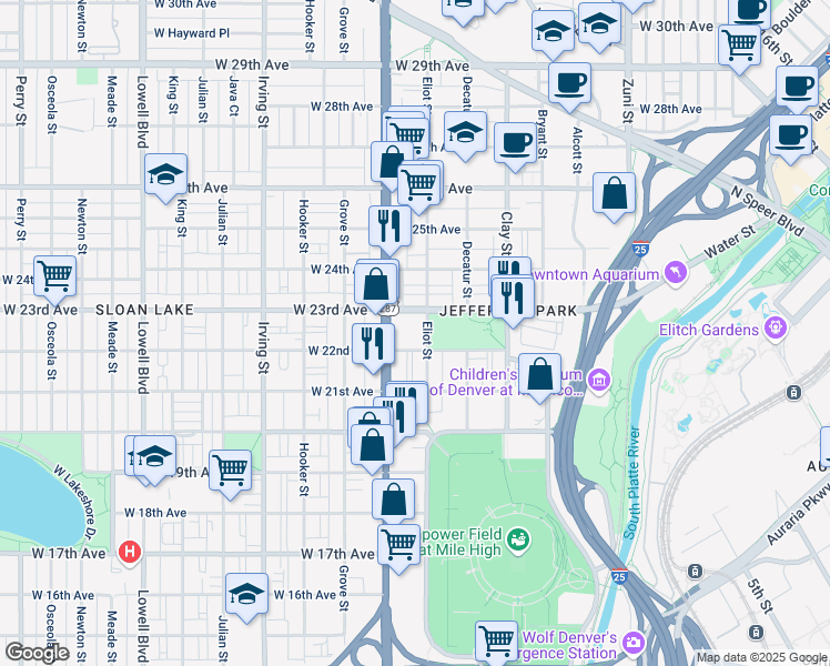 map of restaurants, bars, coffee shops, grocery stores, and more near 2151 Eliot Street in Denver