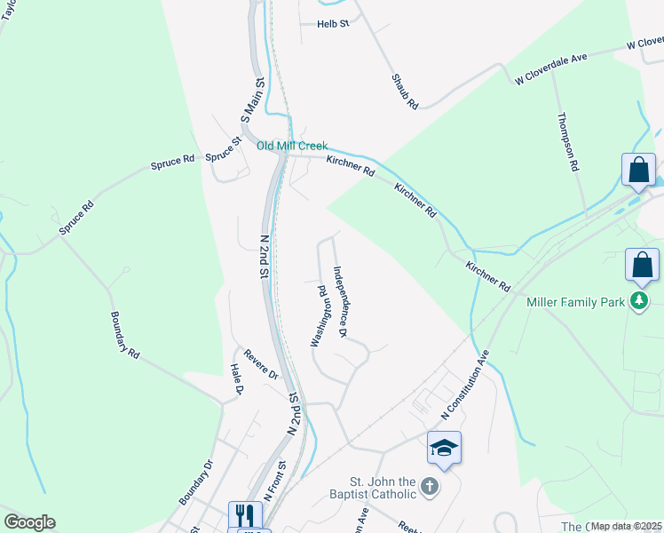 map of restaurants, bars, coffee shops, grocery stores, and more near 47 Independence Drive in New Freedom