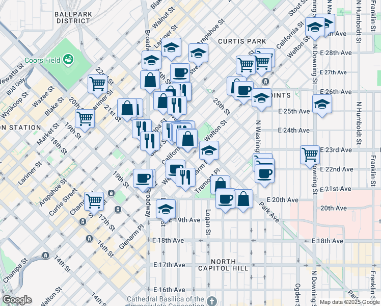 map of restaurants, bars, coffee shops, grocery stores, and more near 550 Park Avenue West in Denver