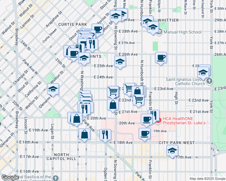 map of restaurants, bars, coffee shops, grocery stores, and more near 2253 North Downing Street in Denver