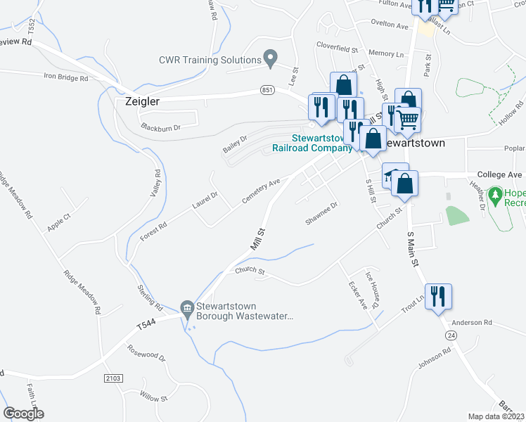 map of restaurants, bars, coffee shops, grocery stores, and more near 73 Mill Street in Stewartstown