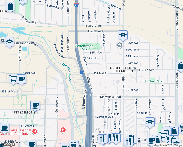 map of restaurants, bars, coffee shops, grocery stores, and more near 14050 East 22nd Place in Aurora