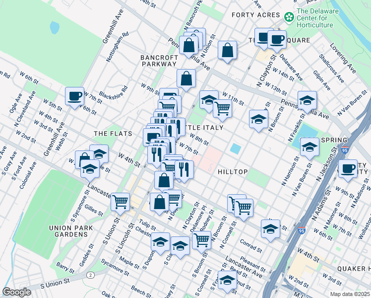 map of restaurants, bars, coffee shops, grocery stores, and more near 1813 West 6th Street in Wilmington