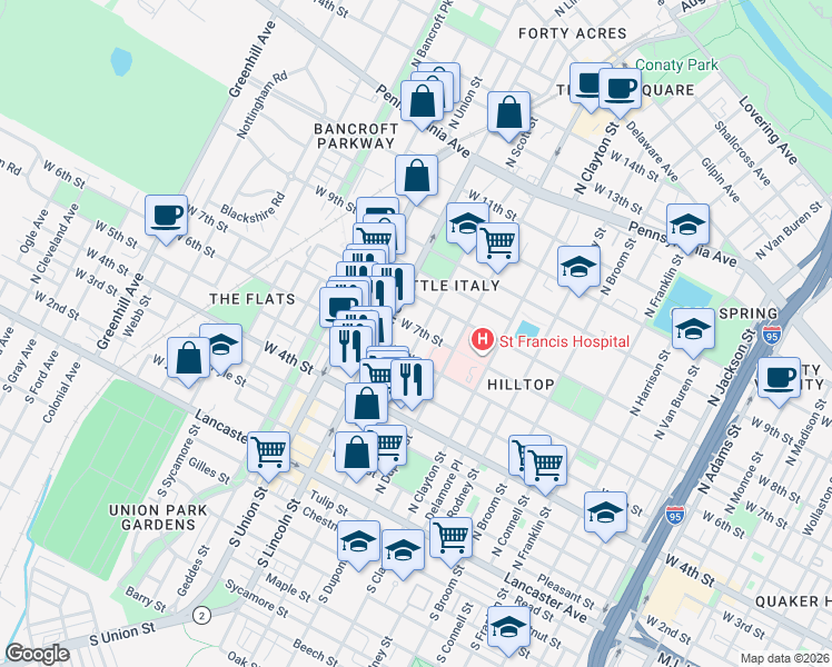 map of restaurants, bars, coffee shops, grocery stores, and more near 1813 West 6th Street in Wilmington