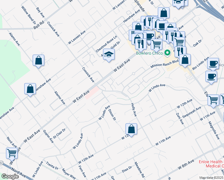 map of restaurants, bars, coffee shops, grocery stores, and more near 19 Pebblewood Pines Drive in Chico