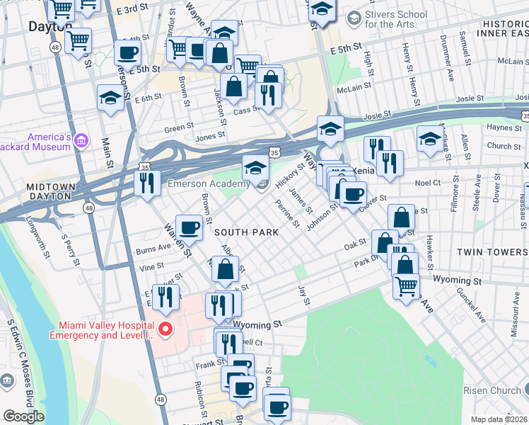 map of restaurants, bars, coffee shops, grocery stores, and more near 46 Bonner Street in Dayton