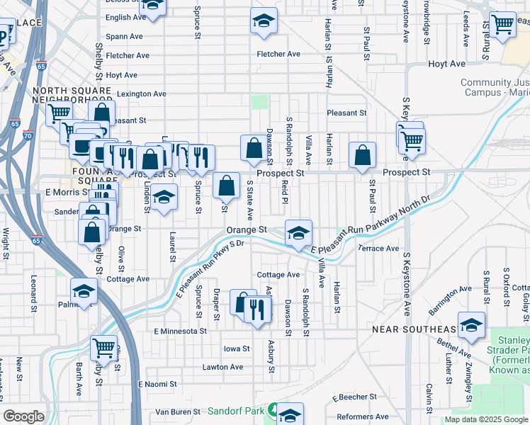 map of restaurants, bars, coffee shops, grocery stores, and more near 1206 Dawson Street in Indianapolis